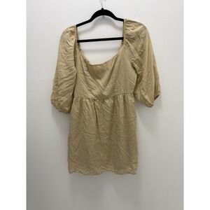 EVERY Ramie Rayon Mini Dress Medium Beige Square Neck Puff Sleeve Baby Doll